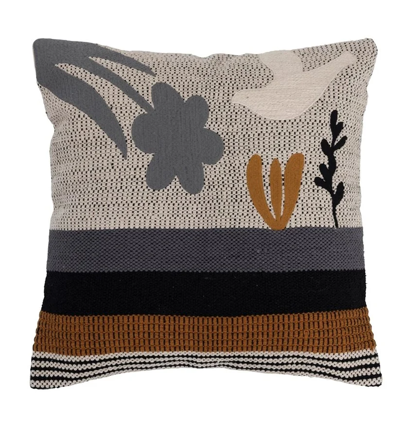 20" Cotton Pillow w/ Bird & Florals, Polyester Fill