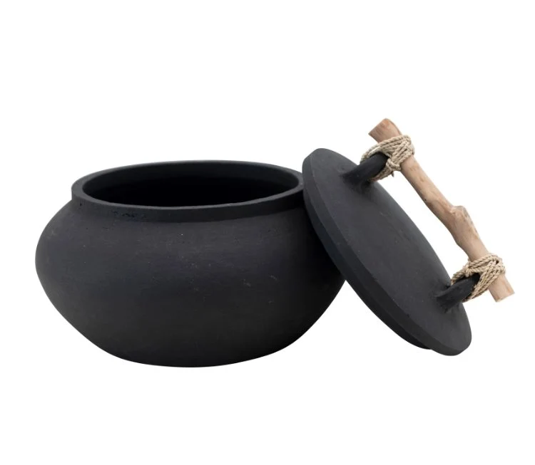 Decorative Terracotta Container w/Lid and Driftwood Handle - Image 2