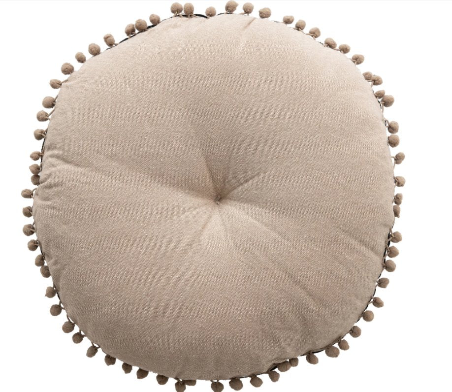 Embroidered Round Cotton Pillow with Pom Poms - Image 3