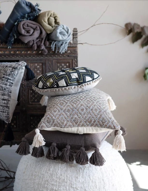 Embroidered Round Cotton Pillow with Pom Poms - Image 4